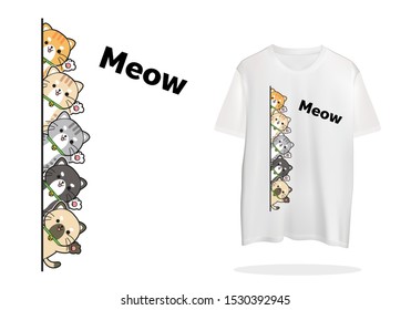 Print on T-shirts, 5 adorable cats said 'Meow'. Graphic for T-shirt. Vector illustration