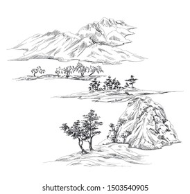 Print Oriental Mountains Trees Hills Toile Stock Vector (Royalty Free ...