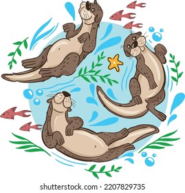  print with otters. Hand drawn cartoon otters. for textiles, factories, children's clothing and more