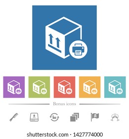Print package information flat white icons in square backgrounds. 6 bonus icons included.