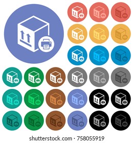 Print package information multi colored flat icons on round backgrounds. Included white, light and dark icon variations for hover and active status effects, and bonus shades on black backgounds.