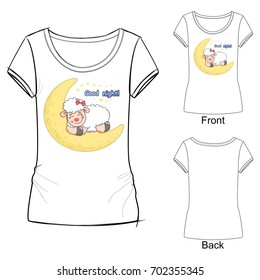 Print for pajamas. White T-shirt with a lamb sleeping on the moon