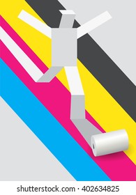 Print paper concept.
Paper man running on background with color inks. Concept for presenting of color printing. Vector available.

