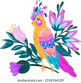 Print with parrot and tropical flowers and plants. Print for t-shirt, clothing, cards, message and more design.