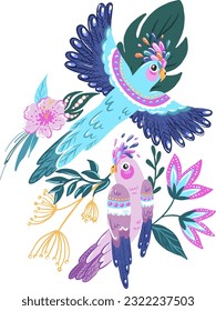Print with parrot and tropical flowers and plants. Print for t-shirt, clothing, cards, message and more design.