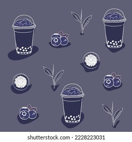 Print pattern background of Blueberry bubble tea design for drink advertising design