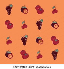 Print pattern background with grapes, mangosteen, tomato and berry in flat design