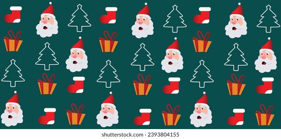 print pattern with Christmas icons, Santa Claus, Christmas tree and gift. vector illustration.