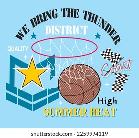 print pattern of colored text and basketball ball
