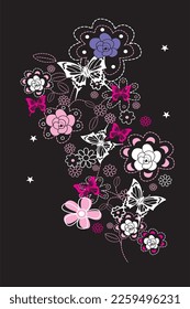 print pattern of colorful flowers black background