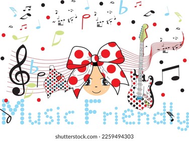 print pattern of colorful musical notes and ribbon white background