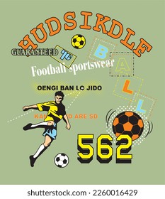 print pattern consisting of ball and football player figures from colored texts green background