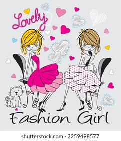 print pattern consisting of black text and colored girl figure gray background