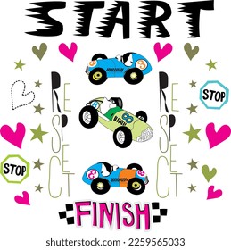 print pattern consisting of black text and colored car and heart figure white background