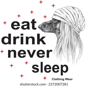 print pattern consisting of black text and dog figure white background