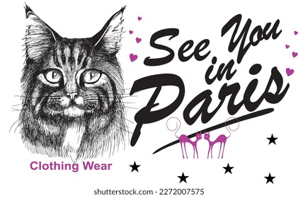 print pattern consisting of black text and cat figure white background