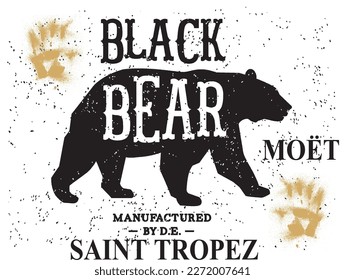 print pattern consisting of black text and bear figure white background