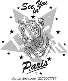 print pattern consisting of black text and tiger figure white background