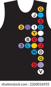 print pattern consisting of colored circles and black letters black background