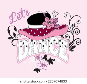 print pattern consisting of colored text and hat figure suitable for textiles, pink background