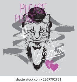 print pattern consisting of colored text and cat figure white background