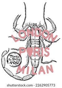 print pattern consisting of colored texts and scorpion figures suitable for textiles