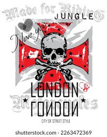 print pattern consisting of colored texts and skulls suitable for textiles, white background