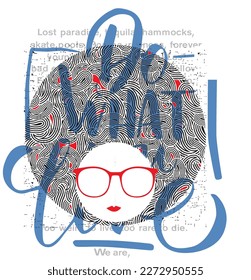 print pattern consisting of colored texts and girl's head suitable for textiles, white background