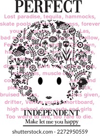 print pattern consisting of colored texts and girl's head suitable for textiles, white background