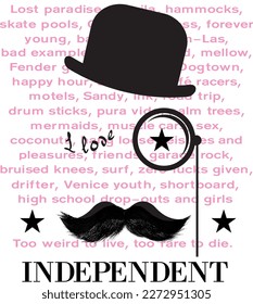 print pattern consisting of colored texts suitable for textile and a man with a mustache white background