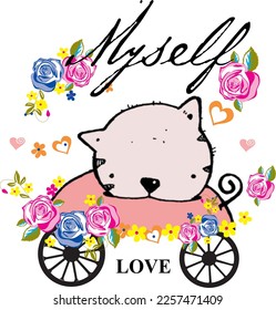 print pattern consisting of colorful roses and cat suitable for textile white background