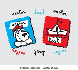 print pattern consisting of a dog and a sailboat figure