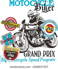 print pattern consisting of motorcycle and logo in colored text, white background