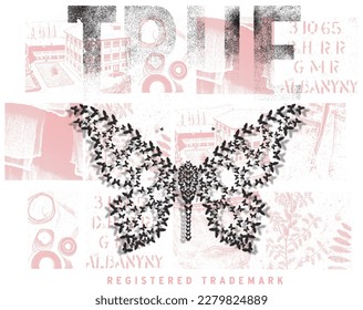 print pattern consisting of text butterfly and landscape suitable for textile white back pattern