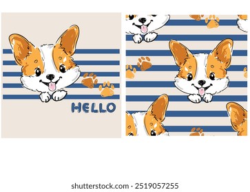 impressão e padrão com corgi conjunto, padrão sem costura com mão desenhada corgi cão bonito imprimir vetor de fundo 