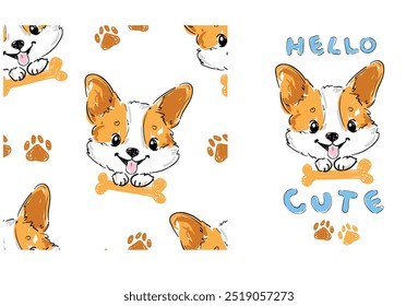 Print und Muster mit Corgi-Set, nahtloses Muster mit handgezeichnetem niedlichen Corgi-Hund-Print-Hintergrund Vektor 