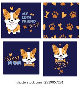 impressão e padrão com corgi conjunto, padrão sem costura com mão desenhada corgi cão bonito imprimir vetor de fundo 