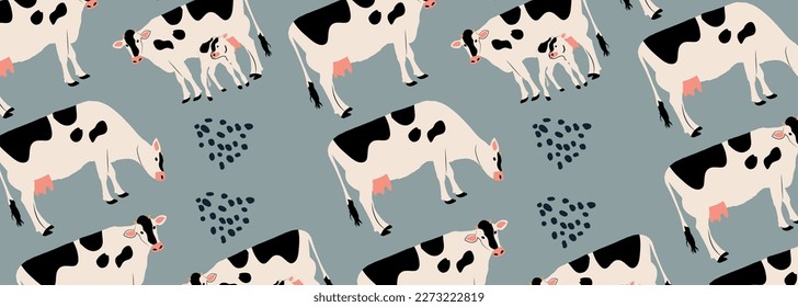 print pattern with cow illustration, Cute spotted calf or cows background. Seamless pattern with little cartoon cows. Great for children's book, wallpaper, fabric, card, packaging design.