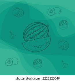 Print pattern of fruits with big watermelon in center design and green background