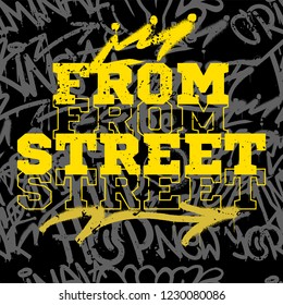 Print with pattern with graffitis bombing street vandal tags on wall made of aerosol paint spray. Design fonts lettering underground style for print t shirt poster canvas banner sticker cover single.