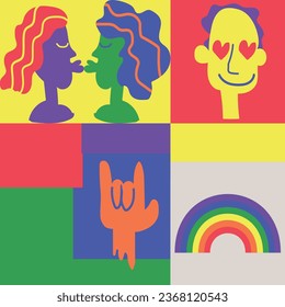print pattern with handmade drawings, Pride for lgbt rights events or social issues in June. Colorful mosaic illustration includes gay couples, groups of diverse people and more.
