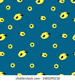 Print. pattern on blue background cute yellow hand-drawn birds in Doodle style. Small and large and between them a yellow flower.