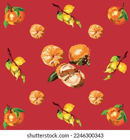 Print, pattern with tangerines, lemons on a bright red background for your designs and packages