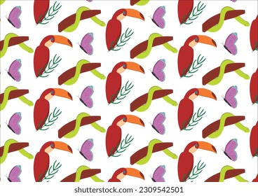 Print pattern of tropical elements found in the forest. A beautiful toucan, an adorable butterfly and a snake.