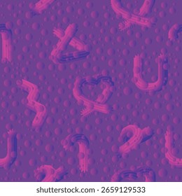Las Formas rosas y azules retorcidas flotan sobre las burbujas púrpuras brillantes, una composición abstracta y de ensueño de formas curvas, corazones y simetría suave y brillante.
