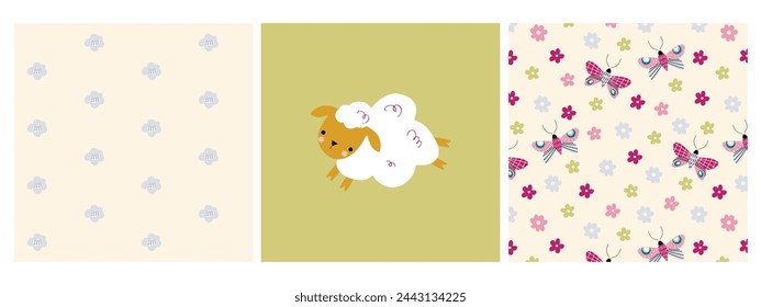 Print and patterns with cute sheep and flowers, butterflies. Can be used print print for t-shirts, home decor, posters, cards