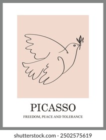 Print peace dove posters. Picasso bird poster. Art imitating Picasso's lines. Exhibition of wall paintings and modern art prints.