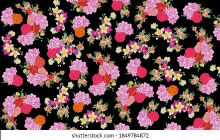Print with peonies and roses on a black background. Floral print on black background.