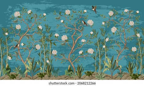 Print with peonies trees, bamboo and birds in chinoiserie style