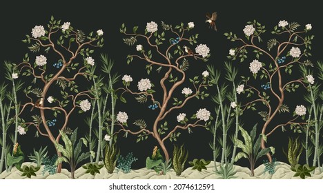 Print with peonies trees, bamboo and birds in chinoiserie style